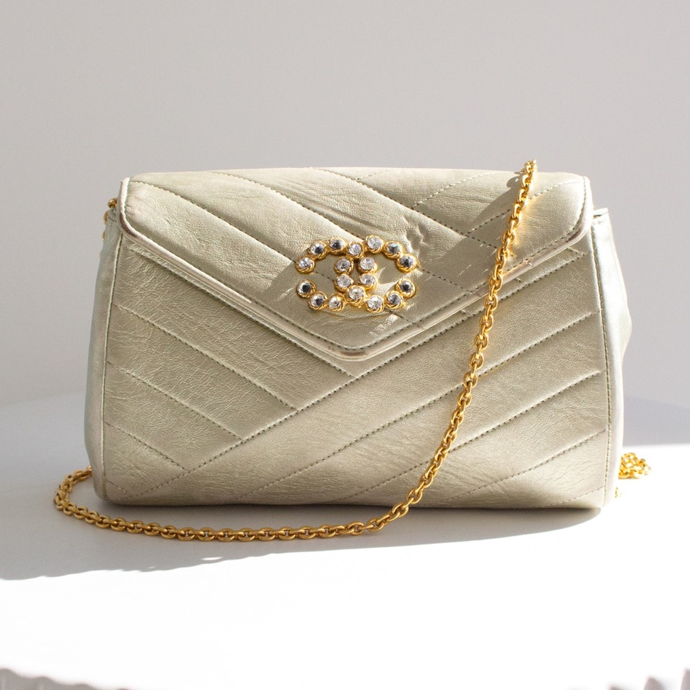 Chanel Vintage 1992 Champagne Gold Crystal Embellished CC Lambskin Evening Bag